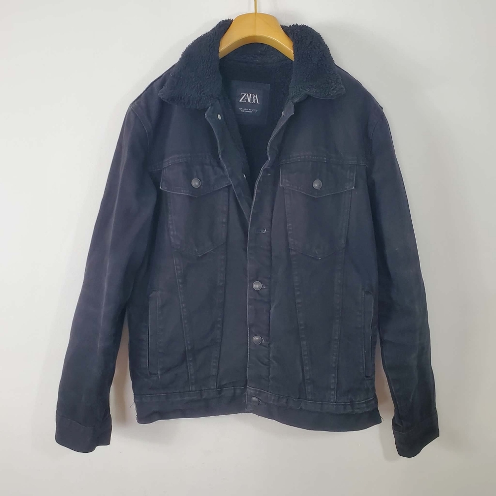 Zara Mens Black Denim Jean Jacket Faux Sherpa Size L